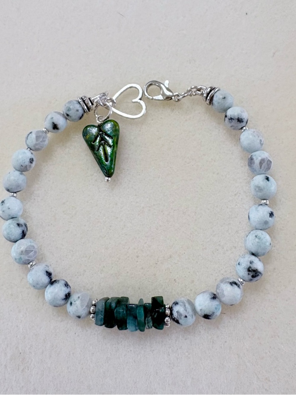 Matte Green Kiwi Jasper with Sliced emerald Square focal Beaded Bracelet